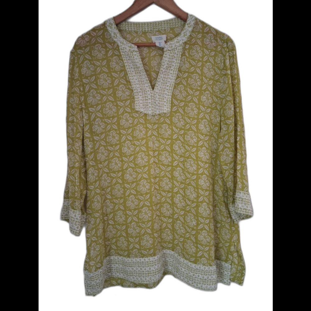 Sigrid Olsen Women’s 100% Cotton Olive Green Printed Embroidered Tunic Top L